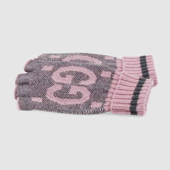 NWT Gucci Cashmere Gloves Pink Grey GG Fingerless Size M 100% Authentic - Picture 1 of 8